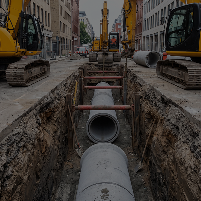 Excavator installing underground drain pipe