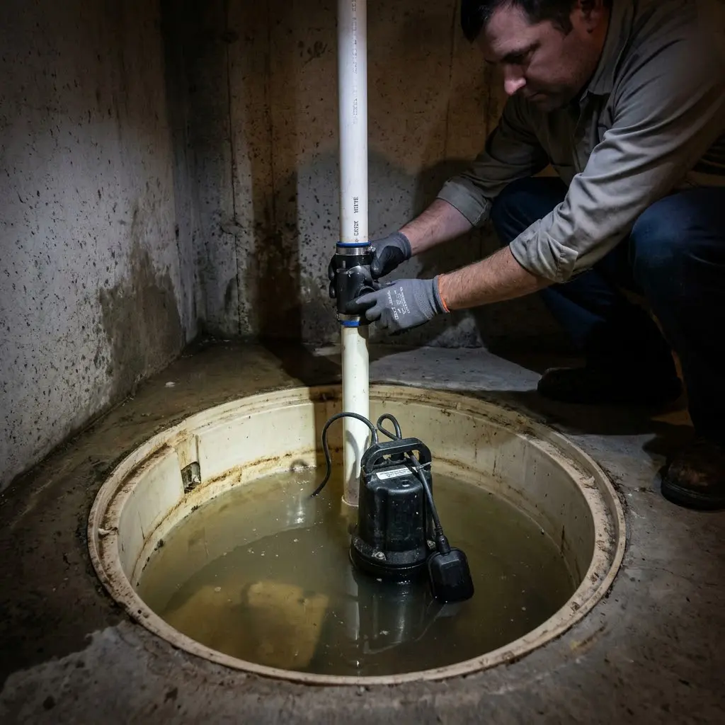 Plumber repairing basement sump pump