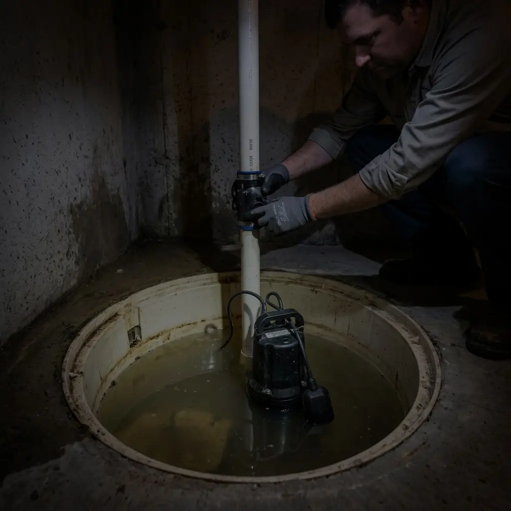 Plumber repairing sump pump basin