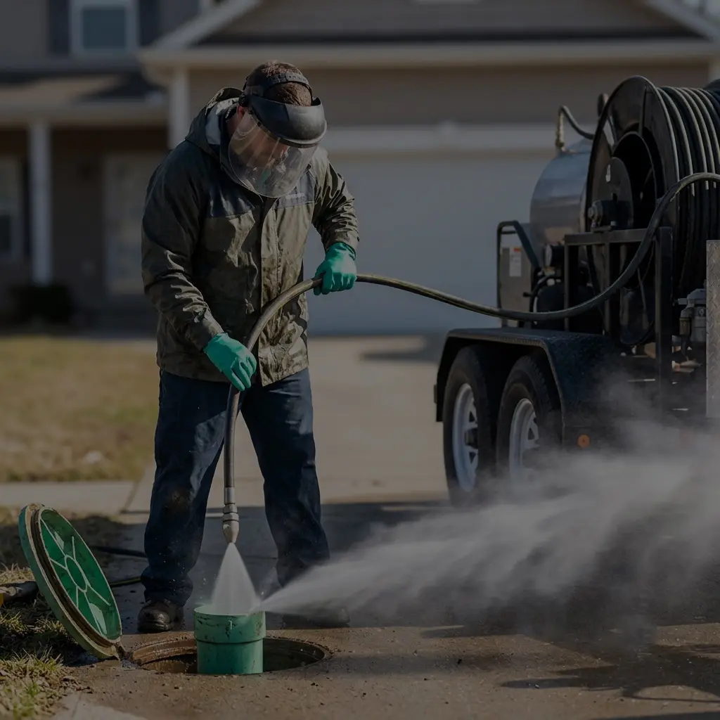 Worker hydro jetting sewer drain
