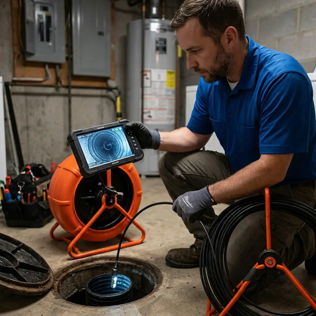 Plumber inspecting drain with camera