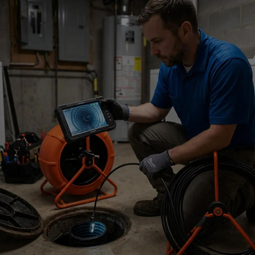 Plumber inspecting drain with camera