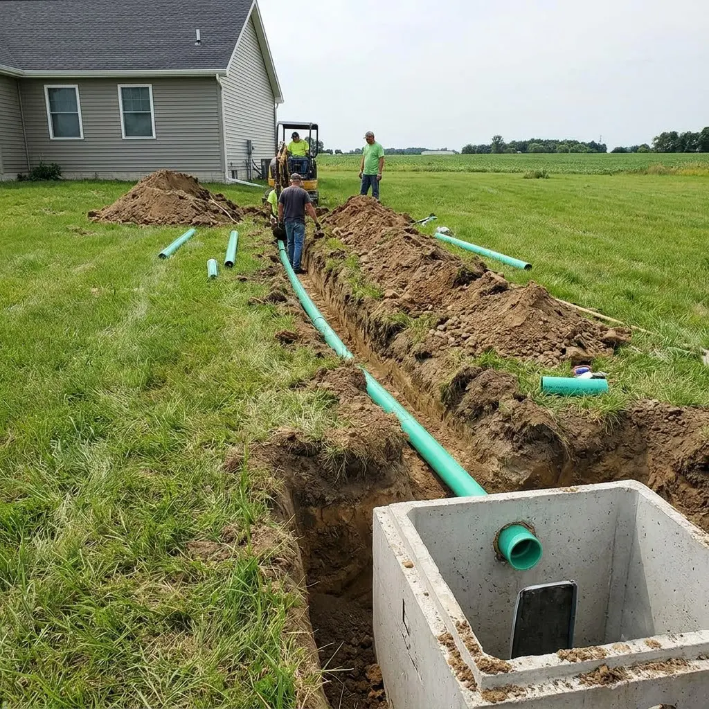 Workers installing underground drain pipe