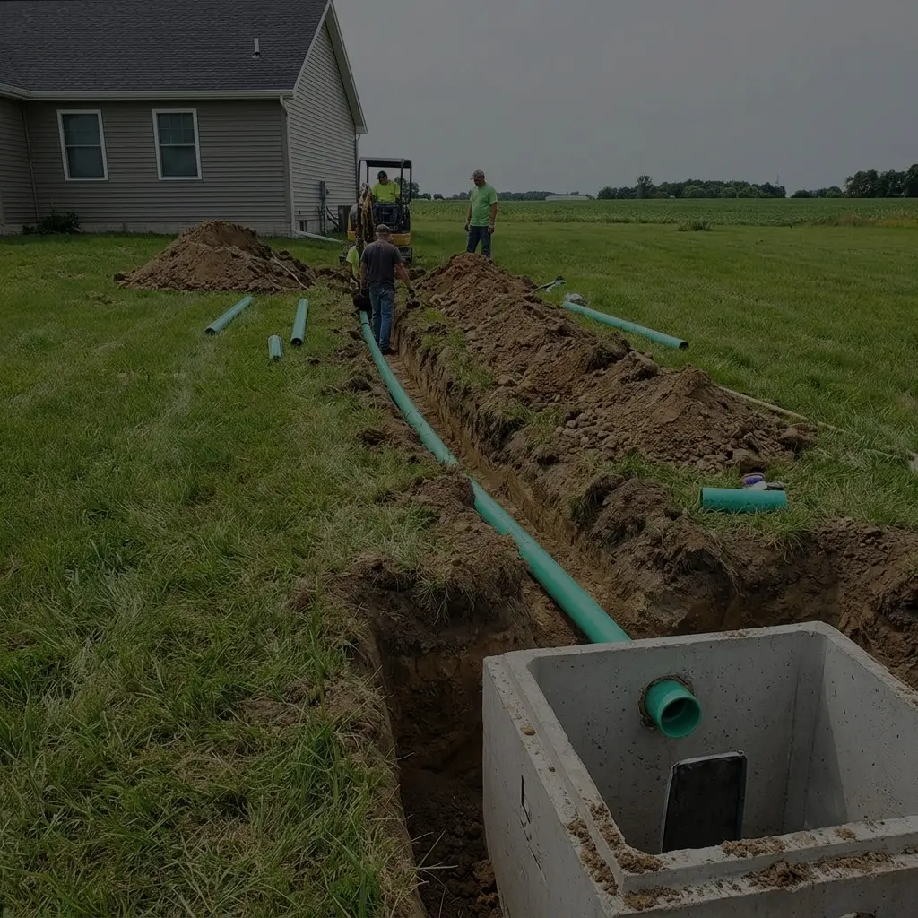 Workers installing underground drain pipe