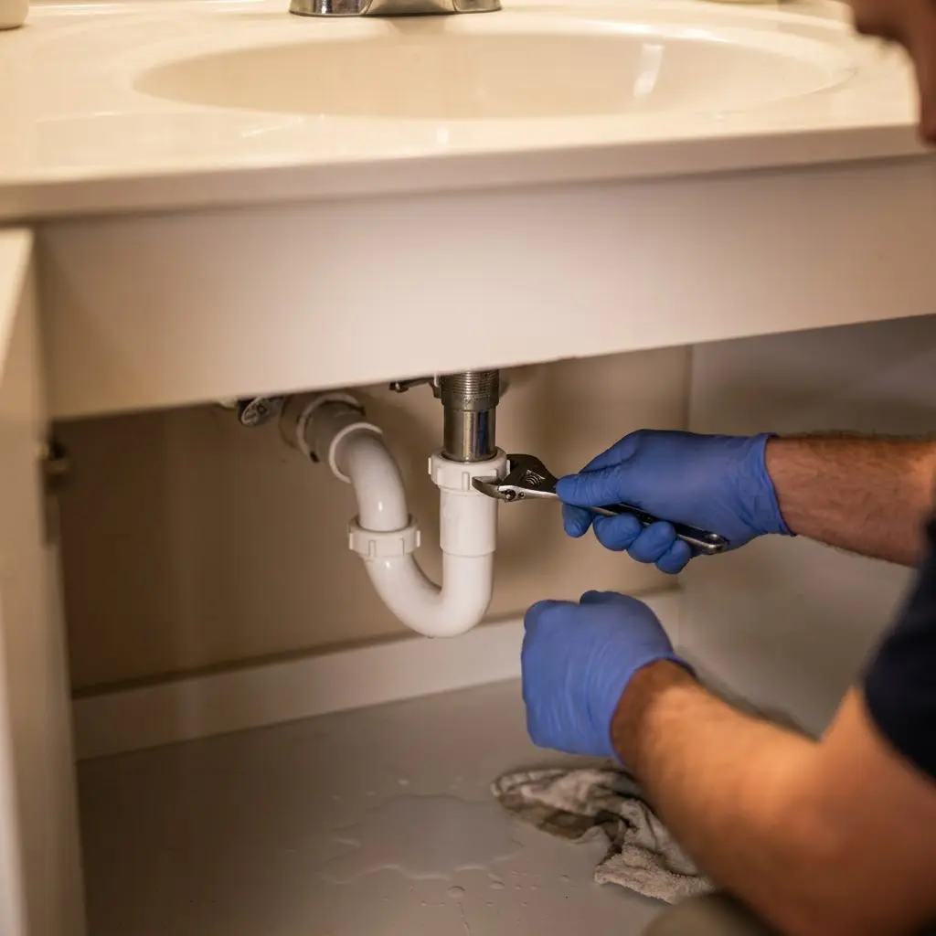 Plumber repairing sink drain pipe