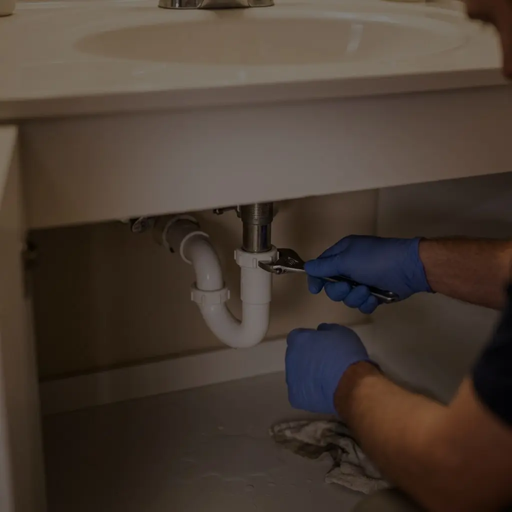 Plumber repairing sink drain pipe
