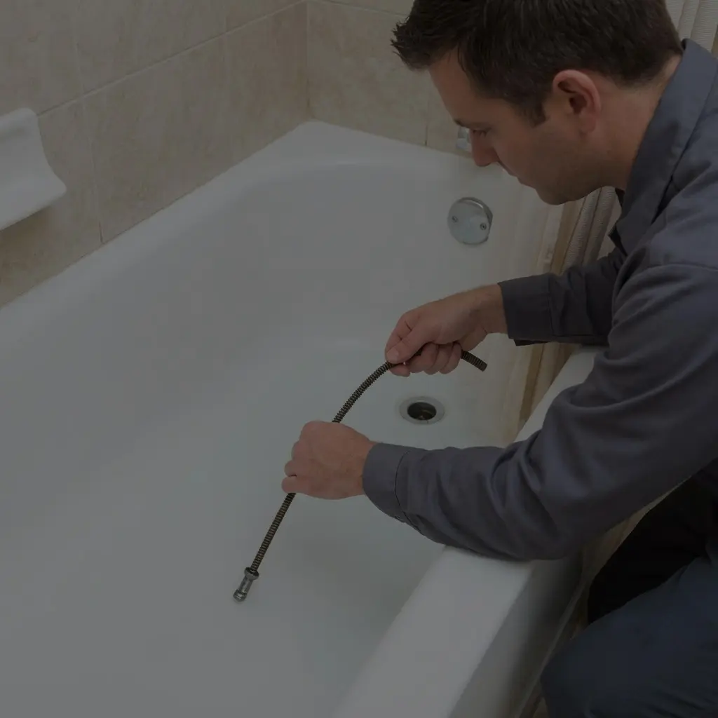 Plumber unclogging bathtub drain snake