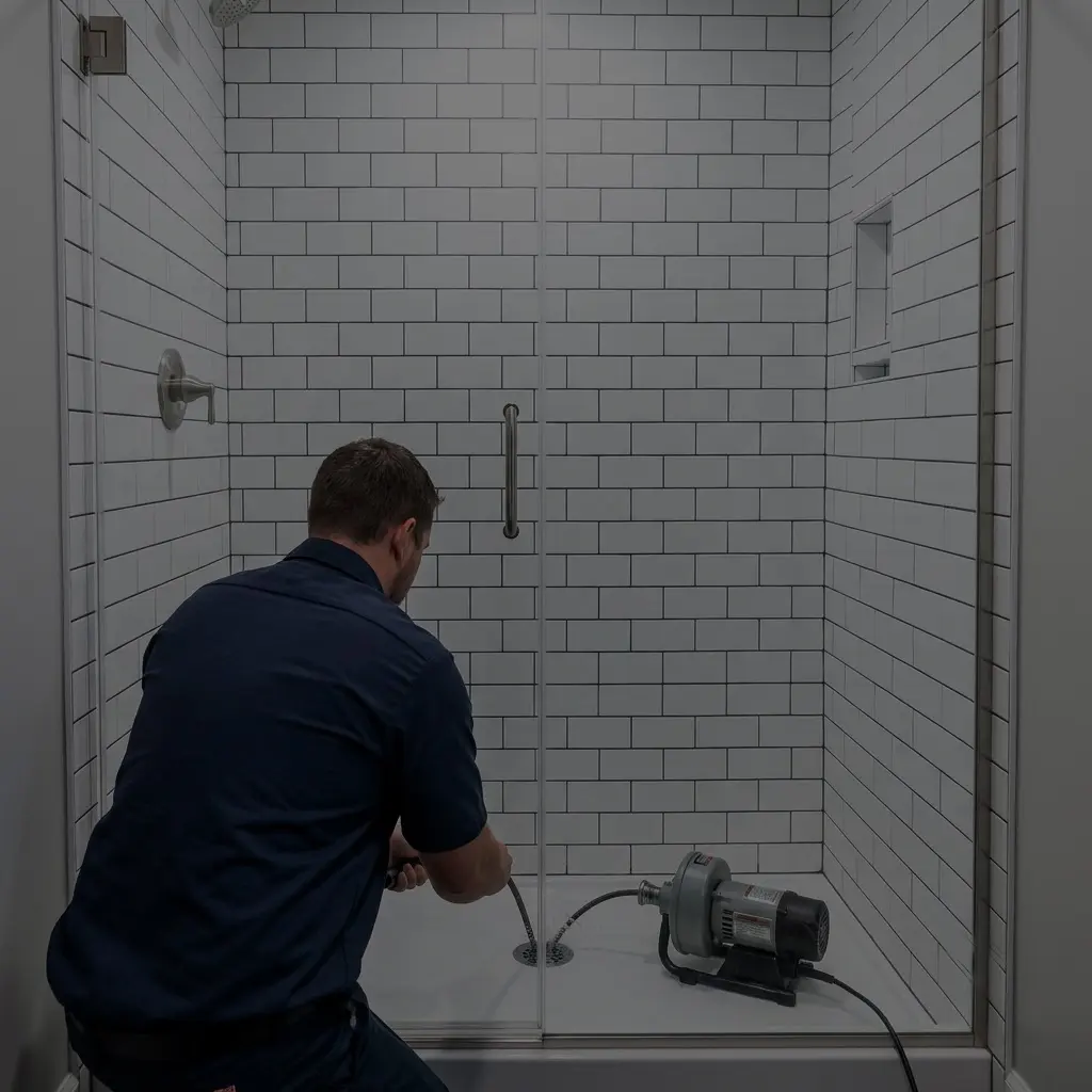 Plumber clearing shower drain clog
