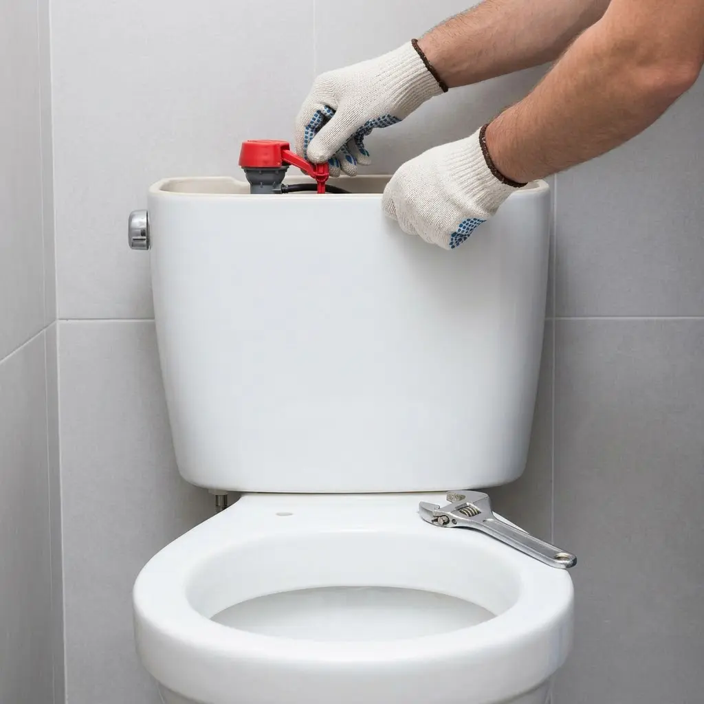 Plumber repairing toilet tank valve