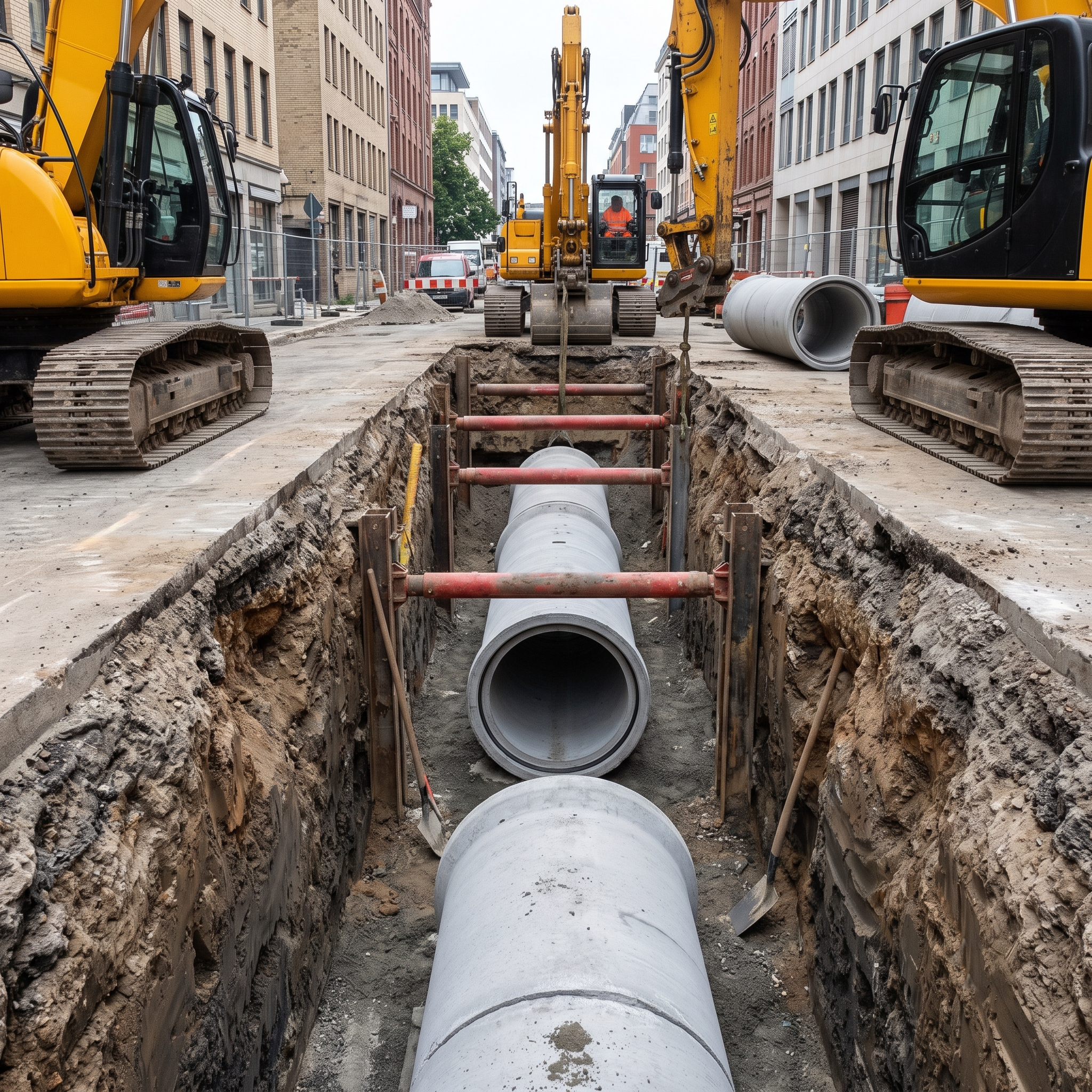 Excavator installing underground drain pipe