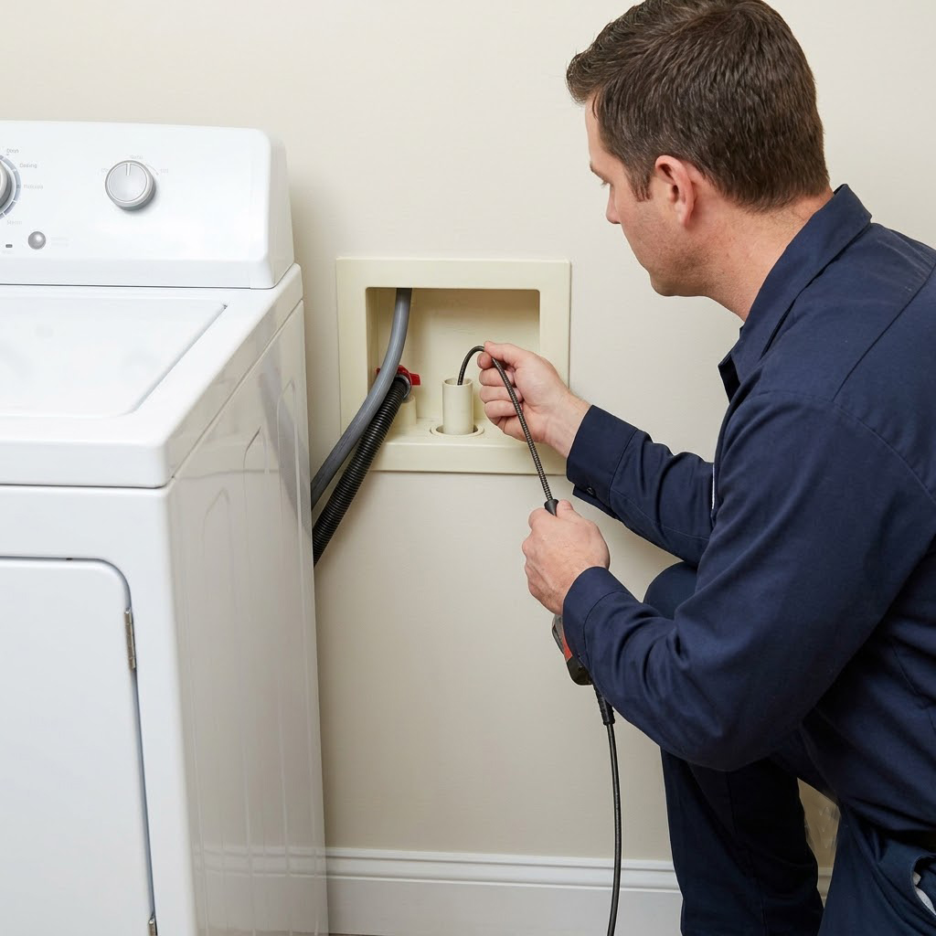 Plumber clearing washing machine drain