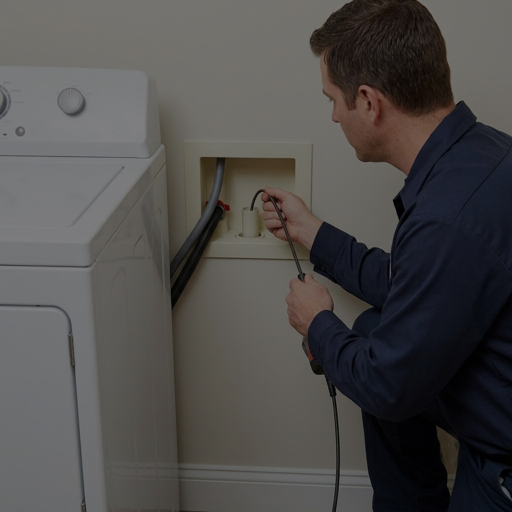 Plumber snaking laundry drain pipe