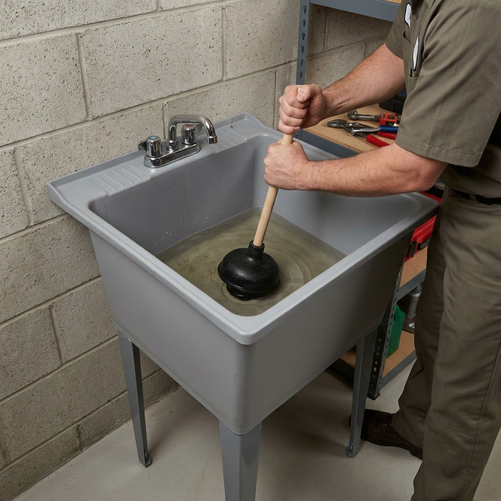 Plumber plunging clogged utility sink