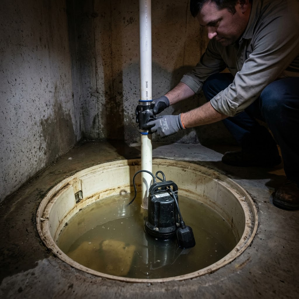 Plumber repairing basement sump pump