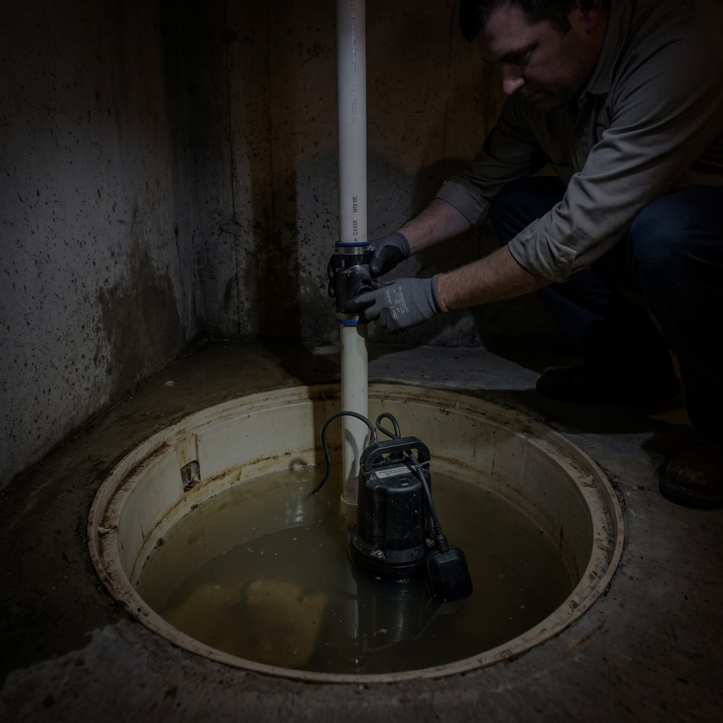 Plumber repairing sump pump basin