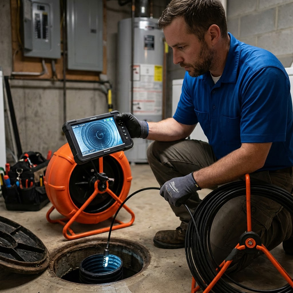 Plumber inspecting drain with camera
