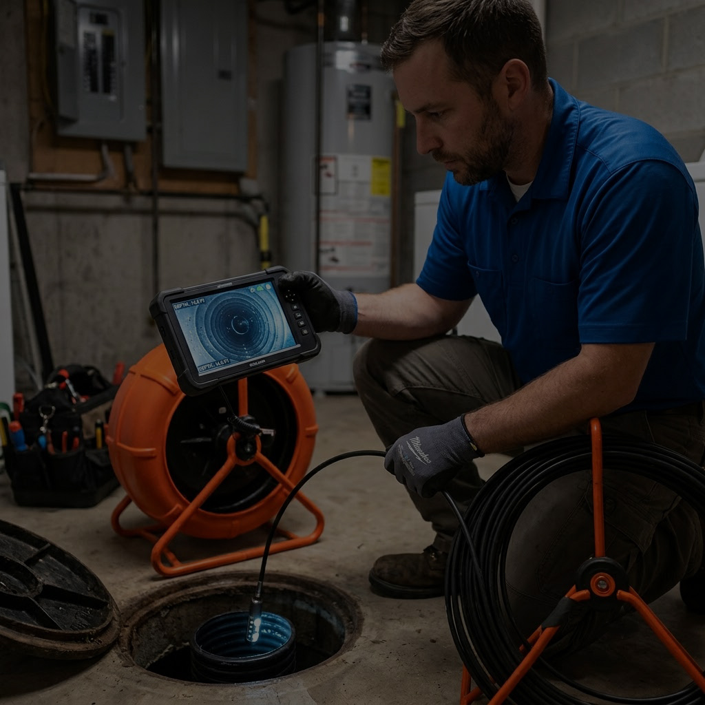 Plumber inspecting drain with camera