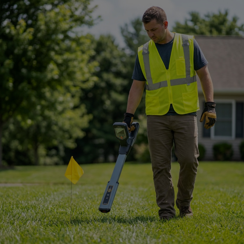 Plumber locating underground drain line