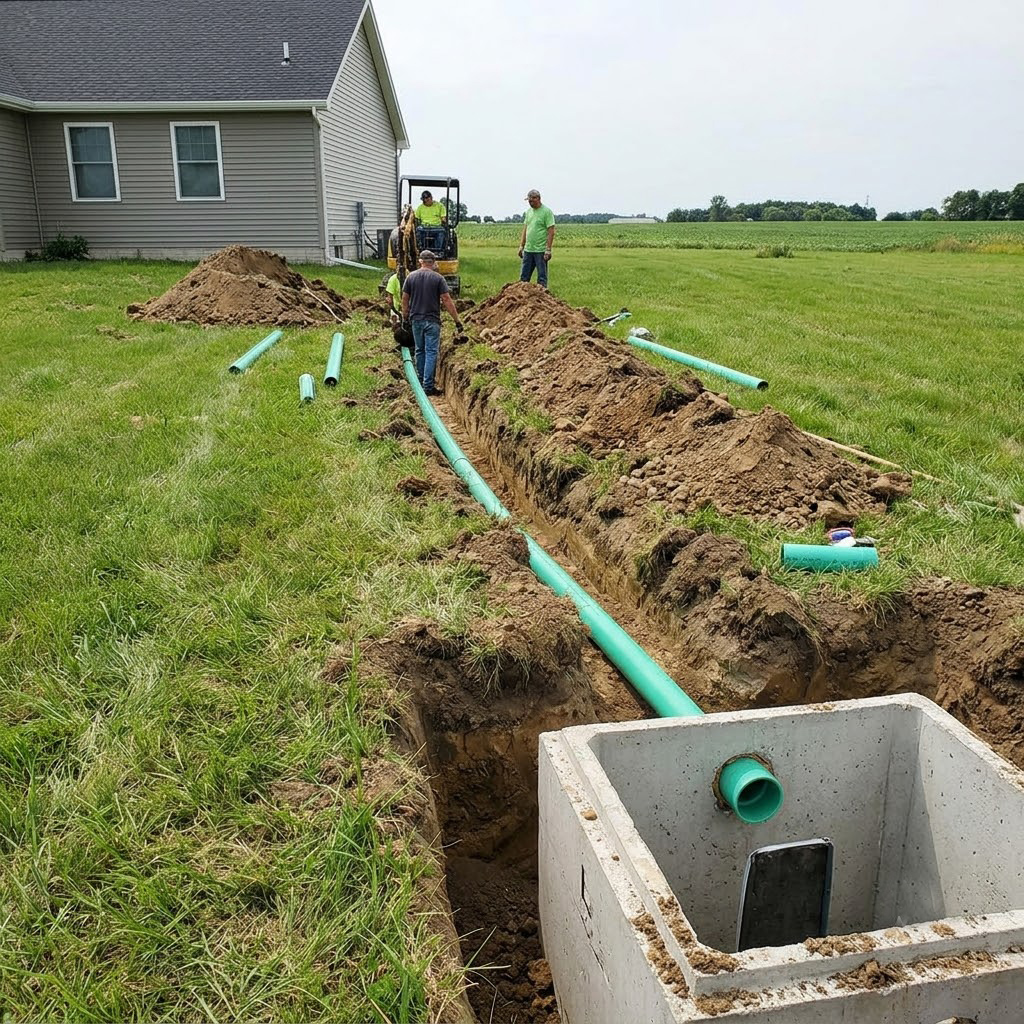 Workers installing underground drain pipe