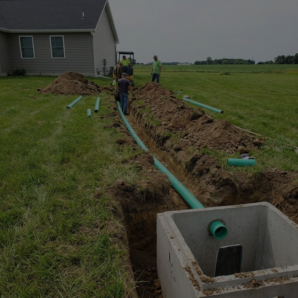 Workers installing underground drain pipe