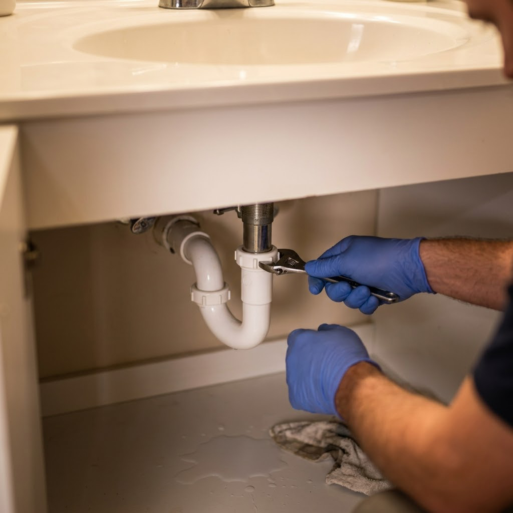 Plumber repairing sink drain pipe