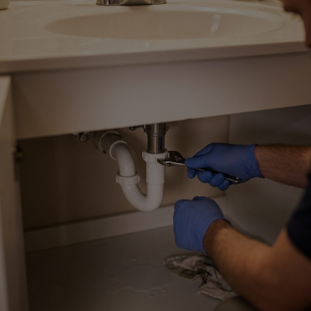 Plumber repairing sink drain pipe