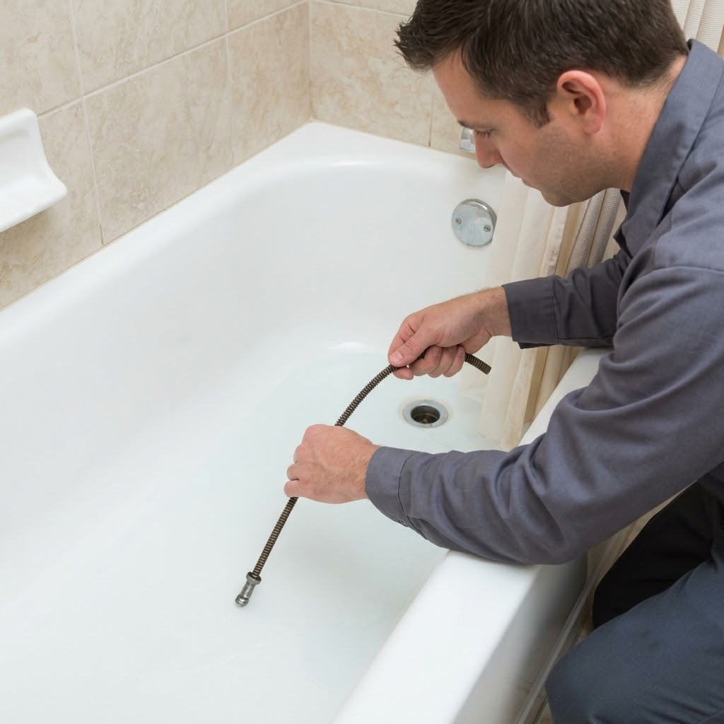 Person unclogging bathtub drain snake