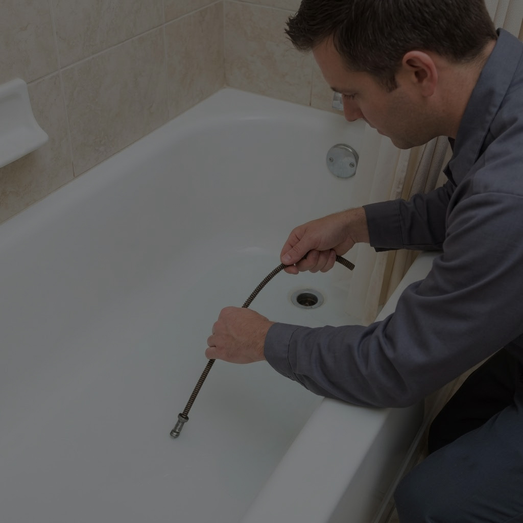 Plumber unclogging bathtub drain snake