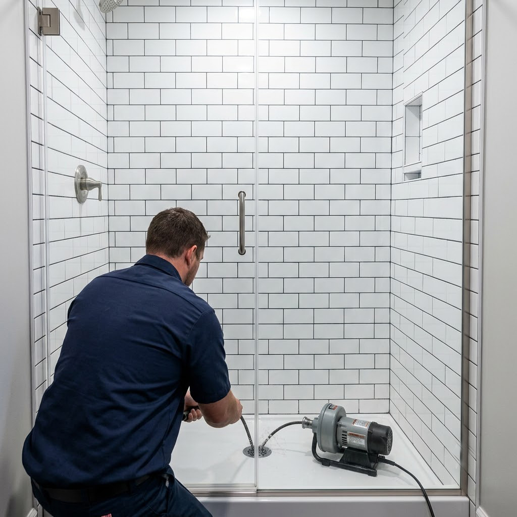 Plumber unclogging shower drain repair