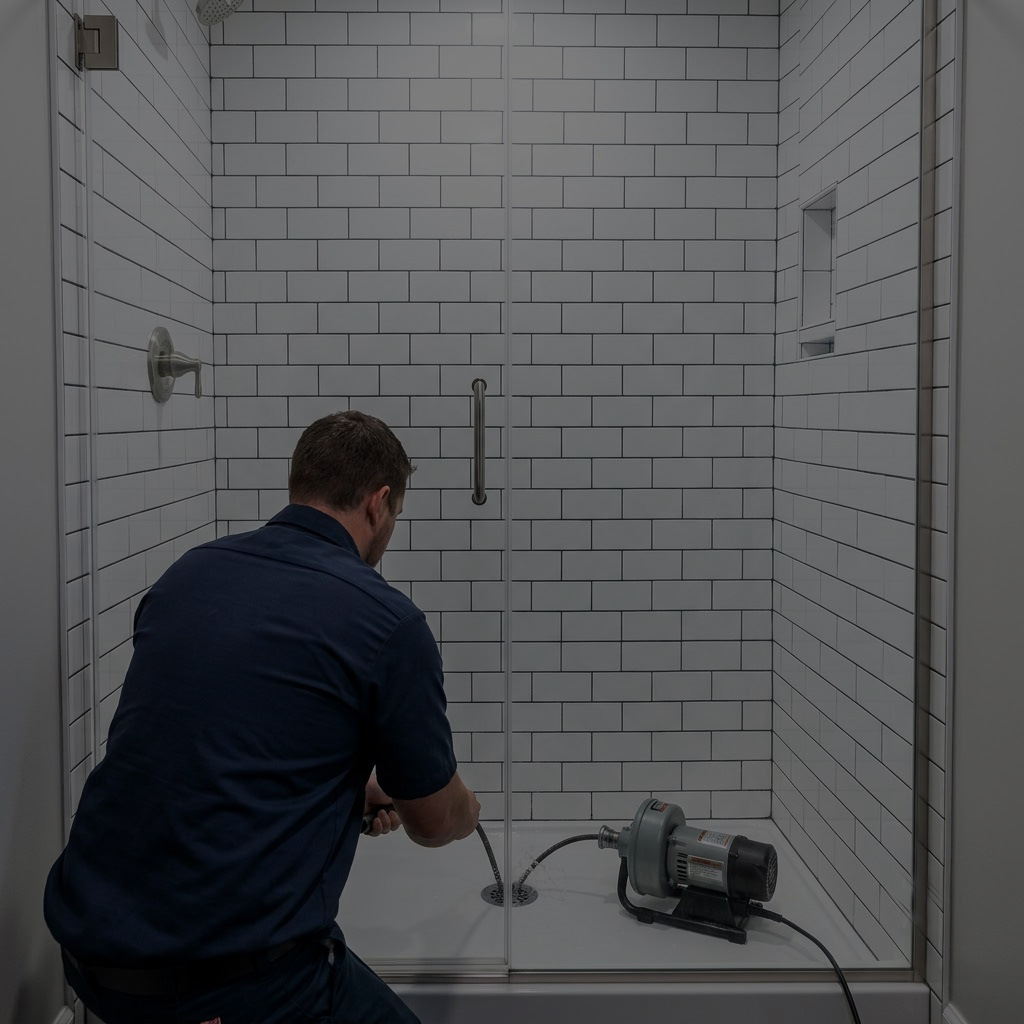 Plumber clearing shower drain clog