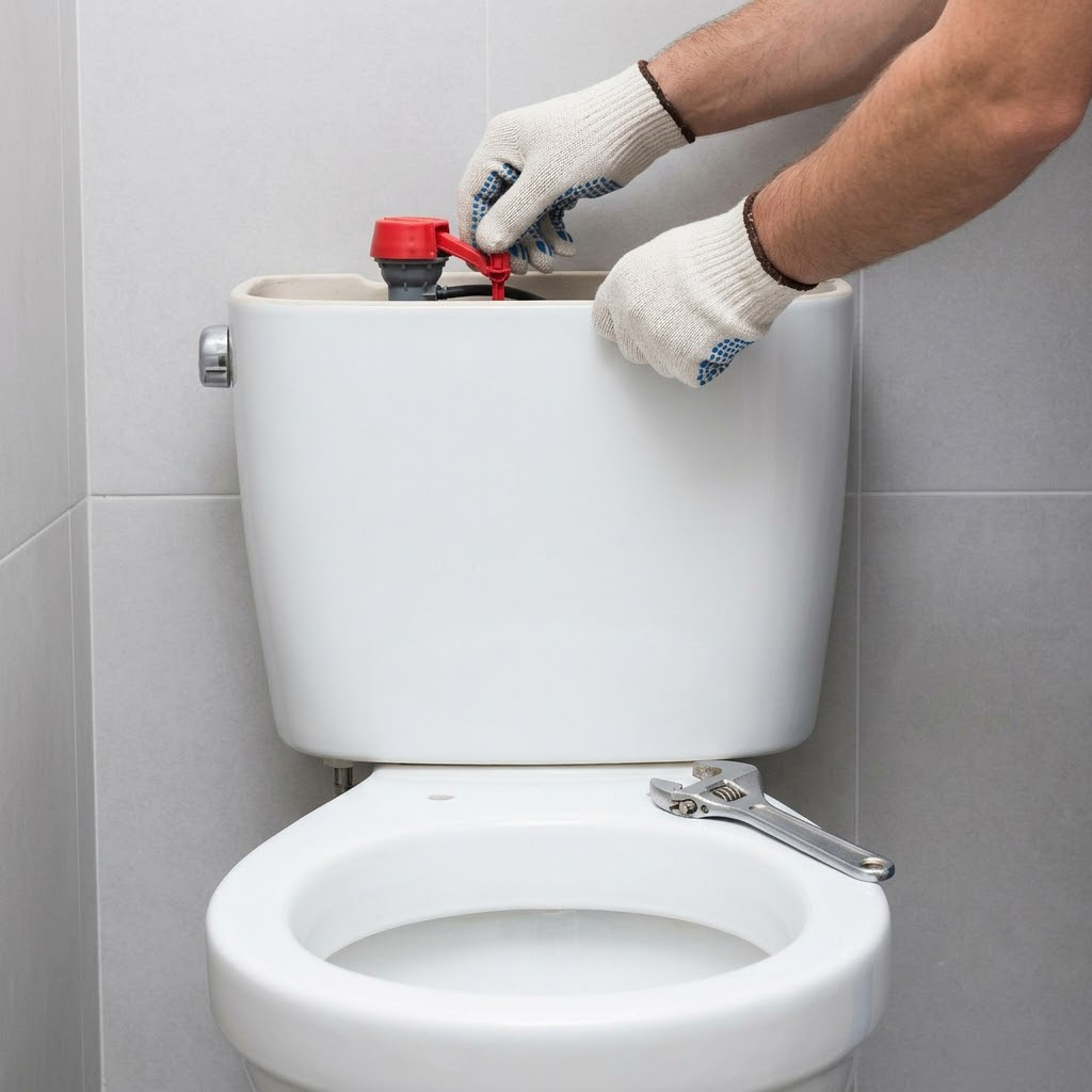 Plumber repairing toilet tank valve