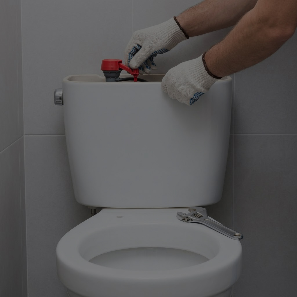 Plumber repairing toilet flush valve