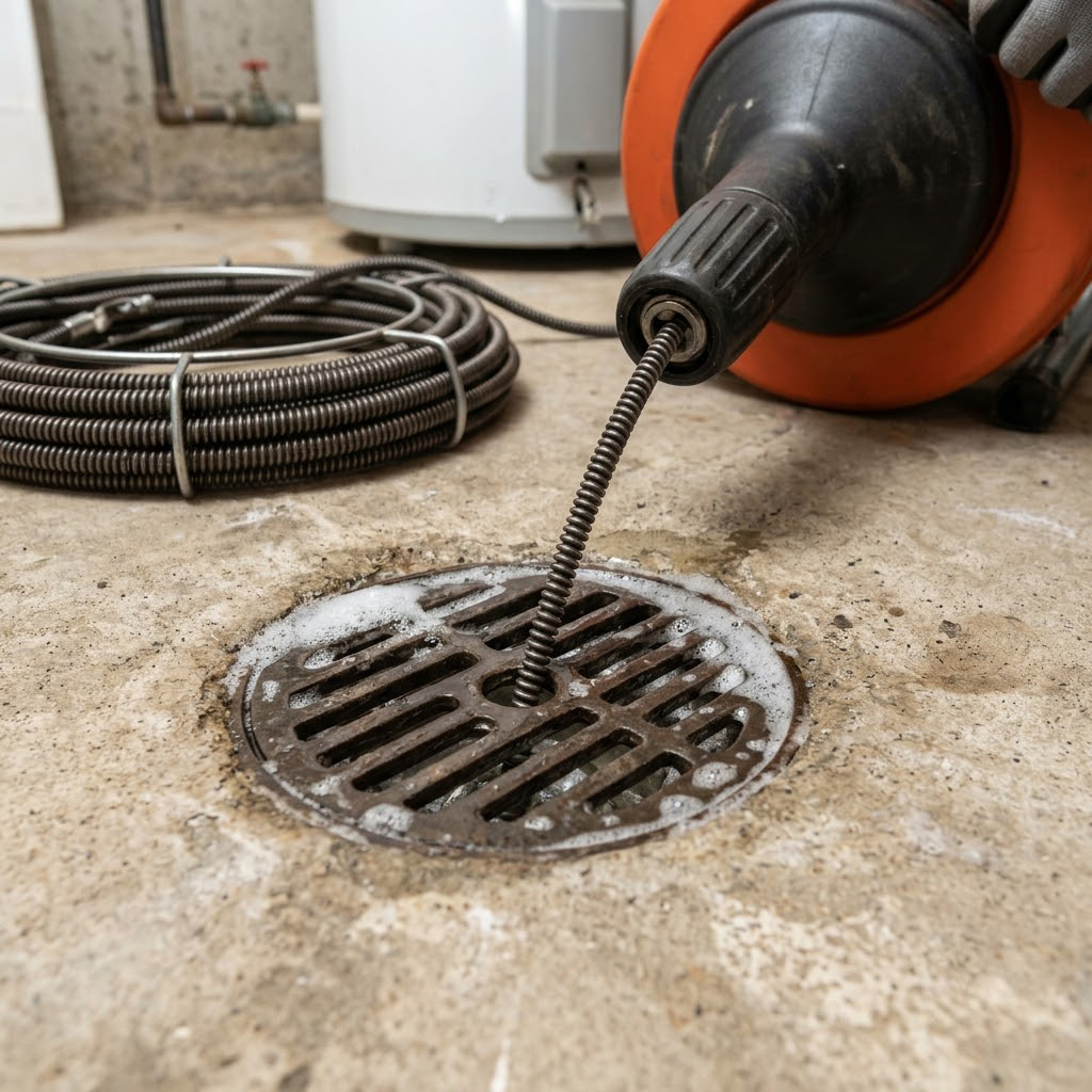 Drain snake clearing floor drain