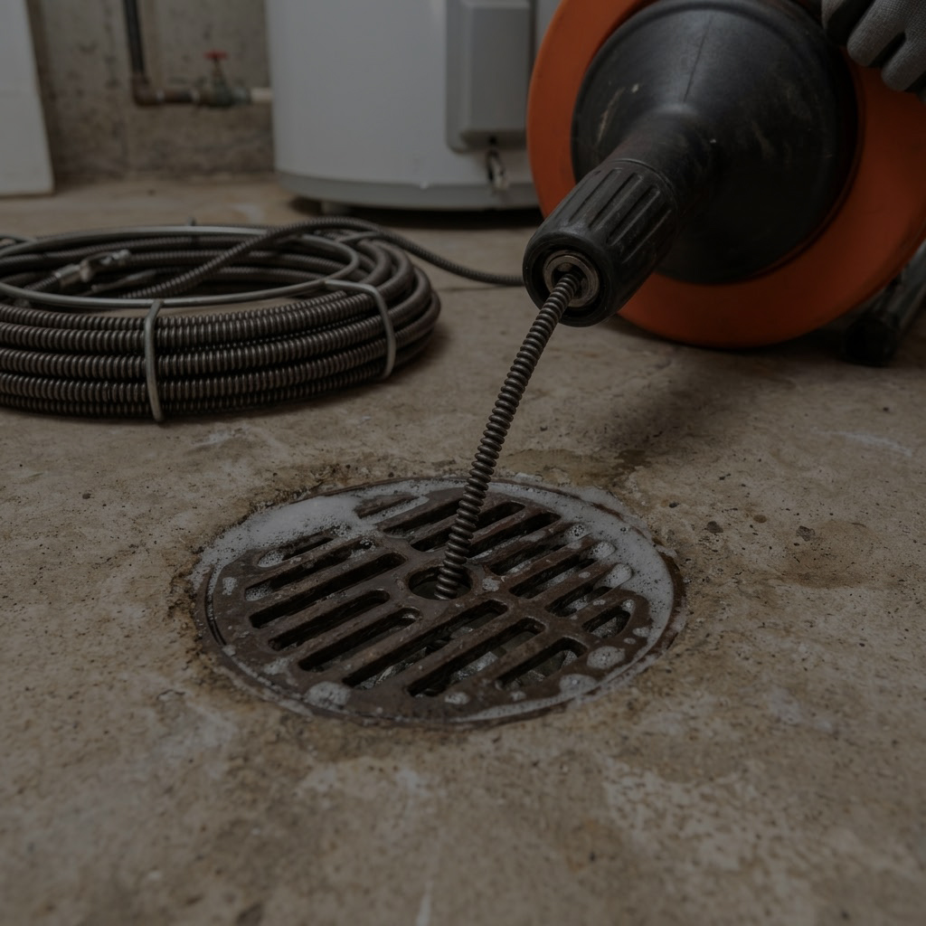 Plumber drain snake unclogging drain